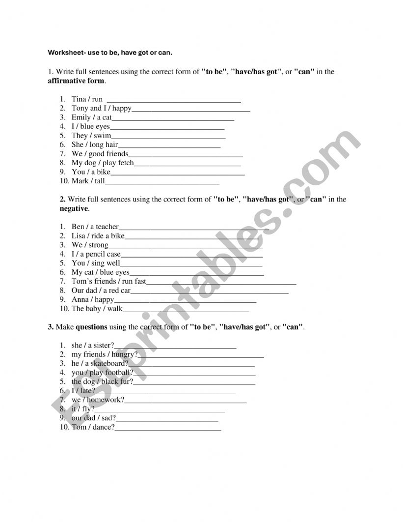 Tobe-have got-can worksheet