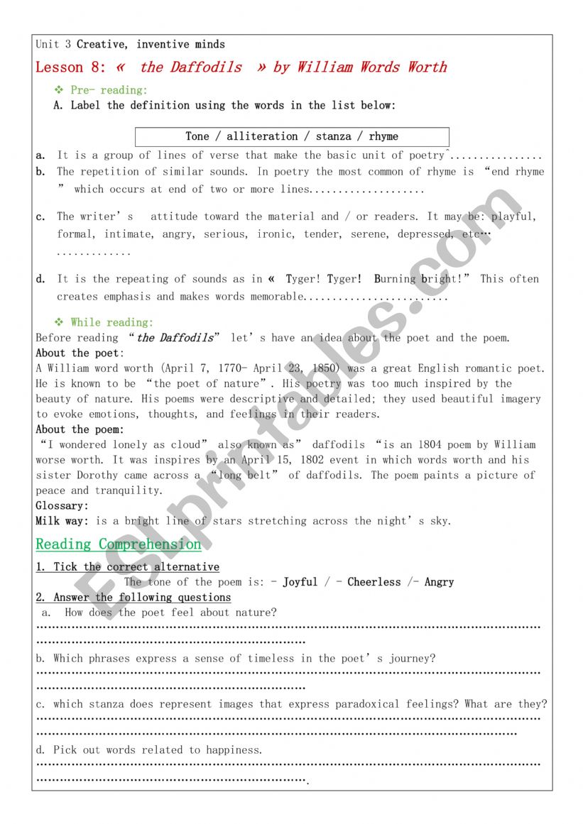 The daffodils 4th form arts  worksheet