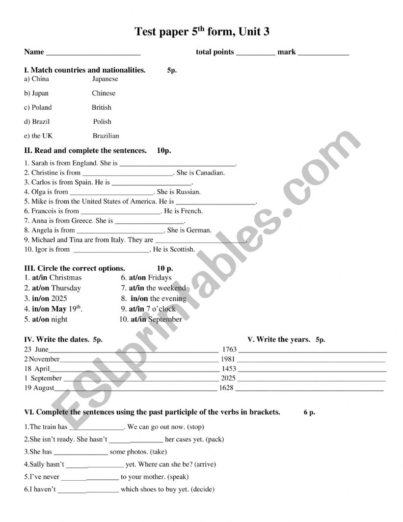 Summative test, unit 3, 5th form