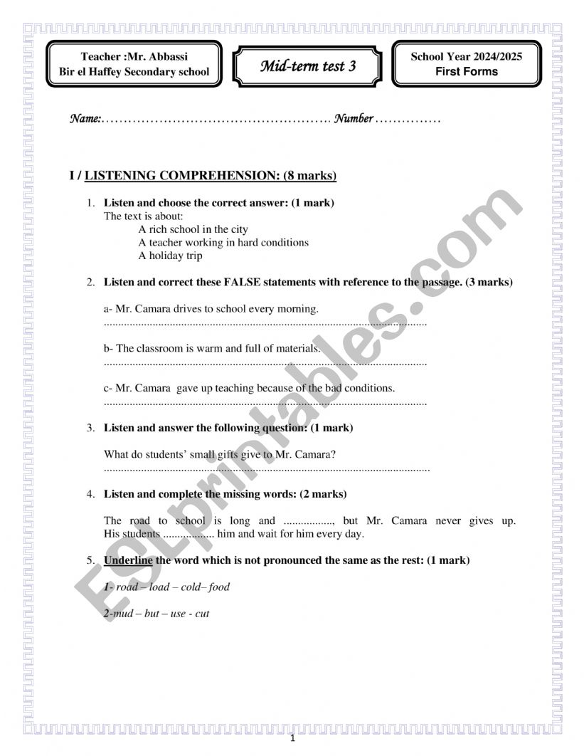 Mid-term test 3 First Secondary