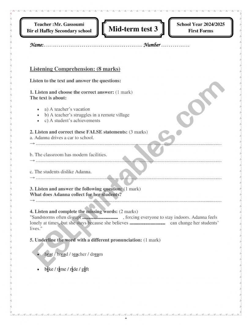 First secondary Mid-term test 3