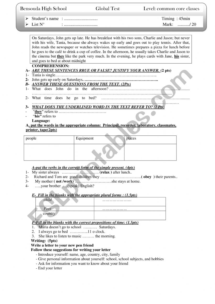 Reading comprehension worksheet
