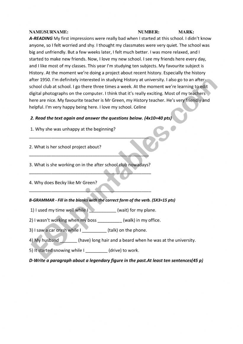 9th grade 2.exam worksheet