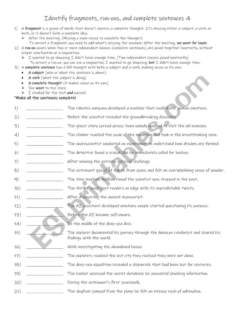 A1+-A2 Identify fragments, run-ons, and complete sentences 4 A1+-A2 Identify fragments, run-ons, and complete sentences 4