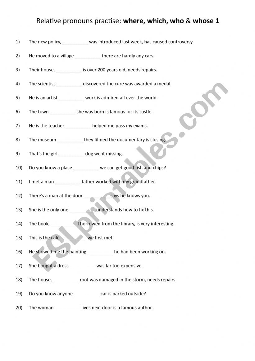 A1+-A2 Relative pronouns practise where, which, who & whose 1 A1+-A2 Relative pronouns practise where, which, who & whose 1
