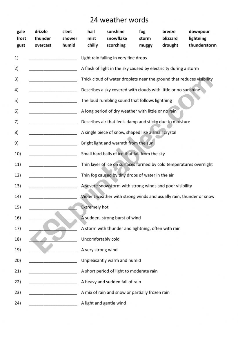 A1+-A2 24 weather words worksheet