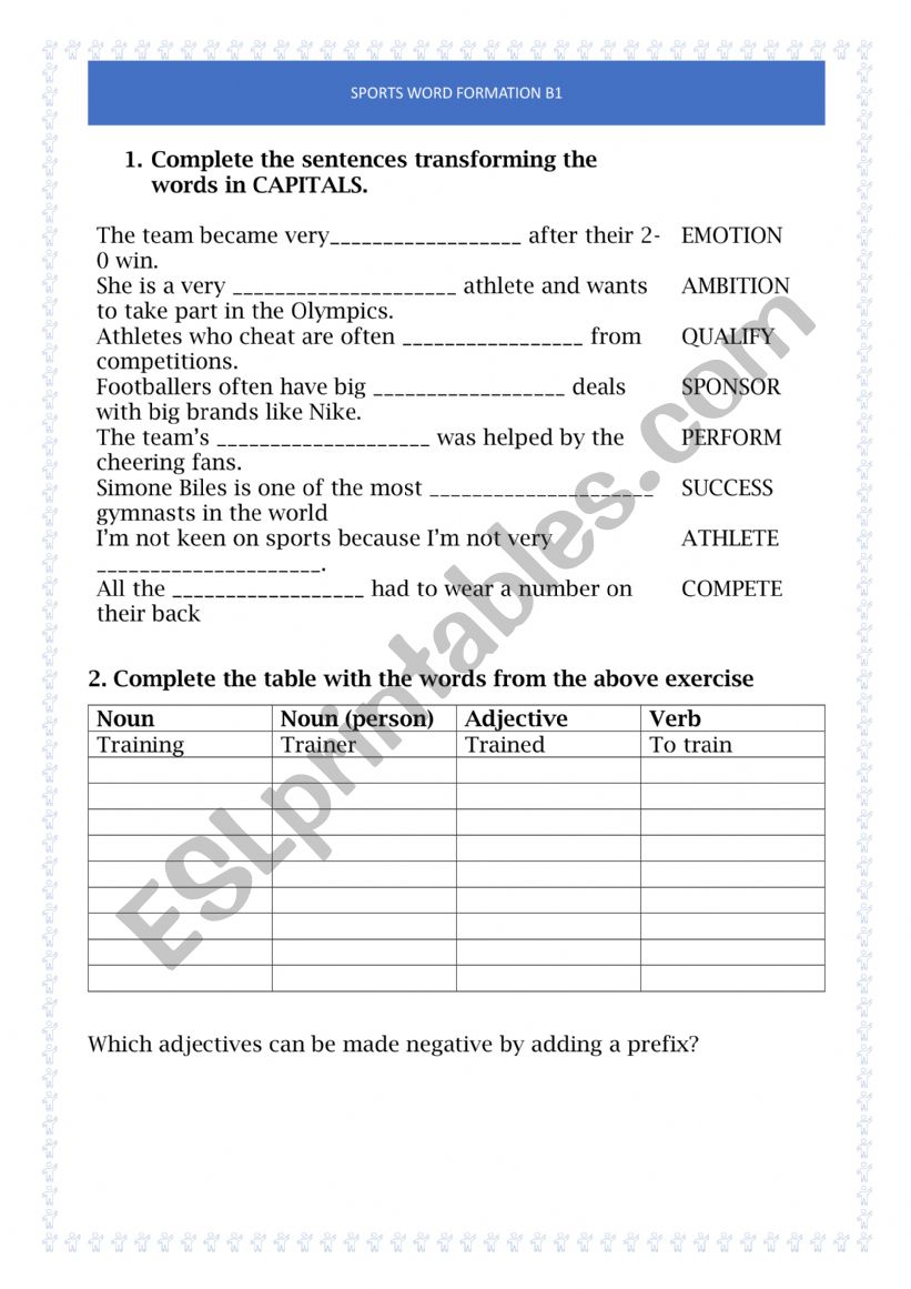 B1 Sports Word formation and Speaking part 2 practice