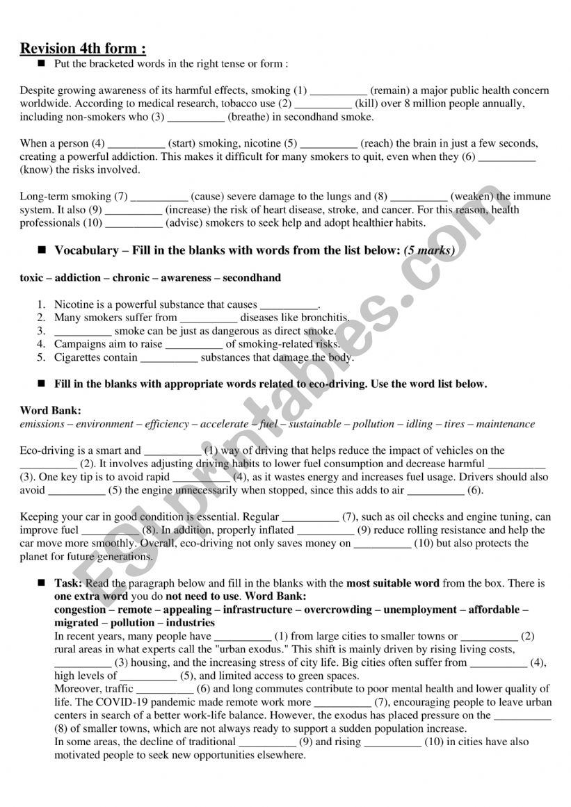 4th form revision unit 4 worksheet