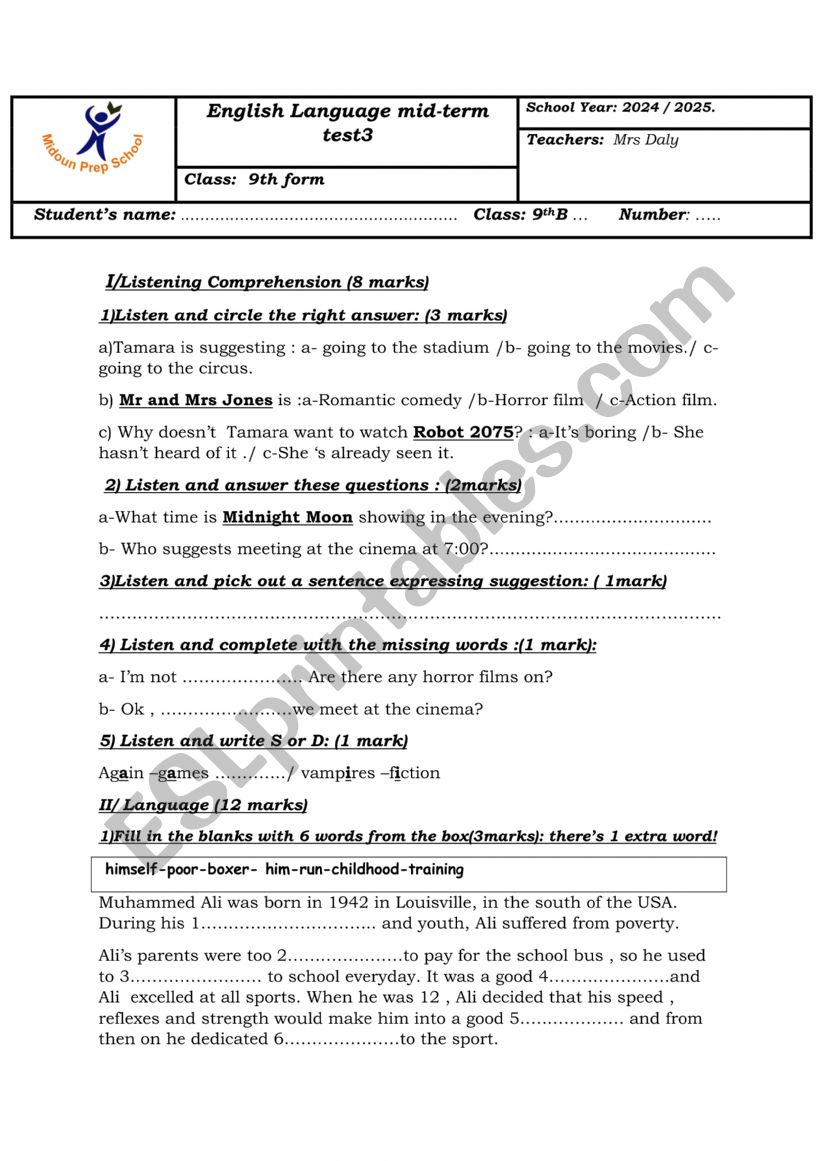 9th form mid- term test 3 2025