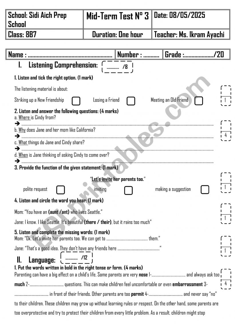 8th Grade - Mid-Term Test 3 worksheet