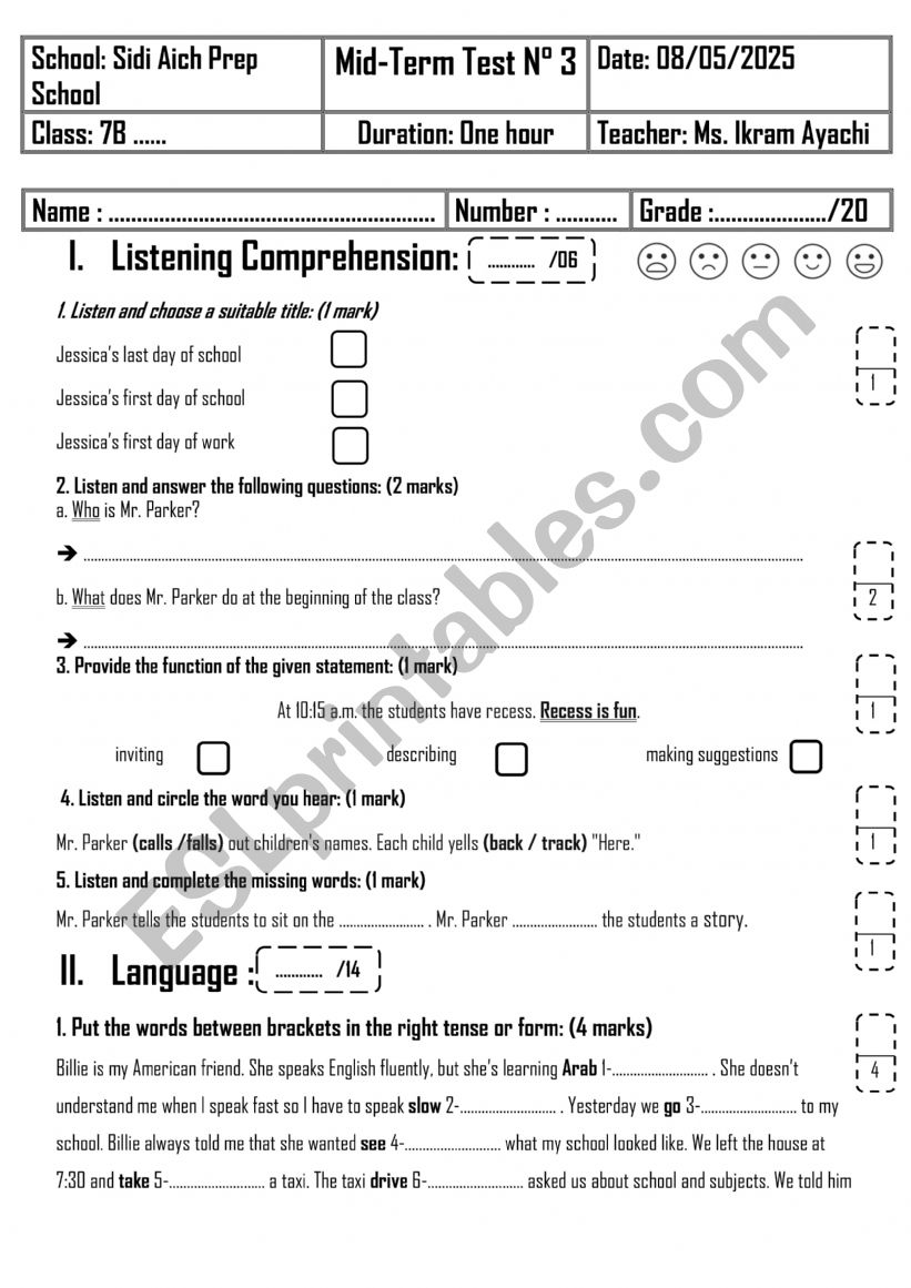 7th Grade - Mid-Term Test 3 worksheet