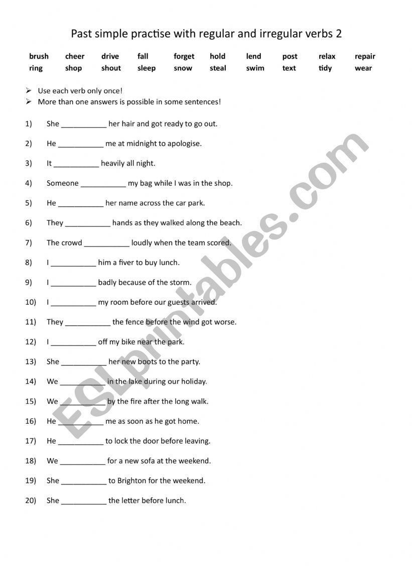 Past simple sentences practise with regular and irregular verbs 2