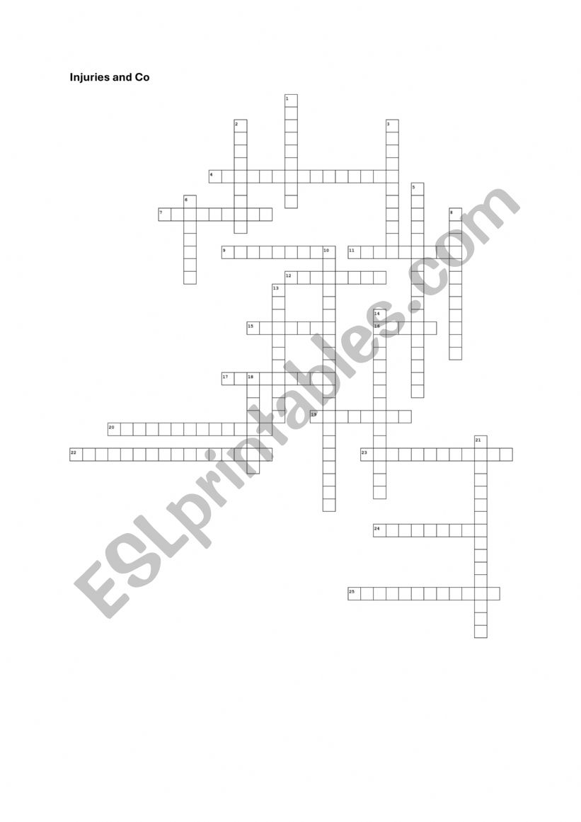 Crossword about injuries worksheet