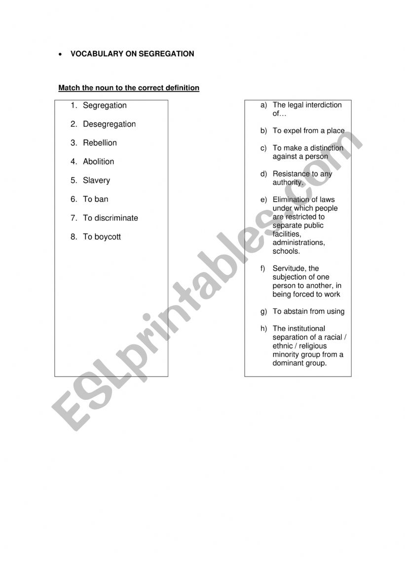 SEGREGATION worksheet