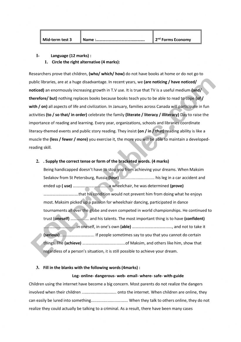 Midterm test 3- 2nd forms worksheet