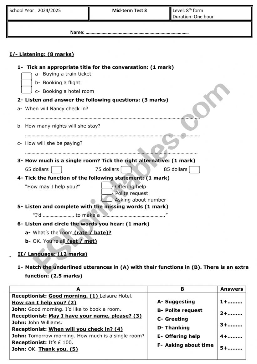 Midterm test 3- 8th grade worksheet