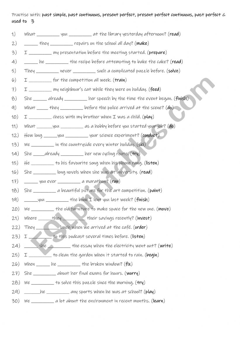A2+-B1 Practise with past simple, past continuous, present perfect, present perfect continuous, past perfect & used to  3