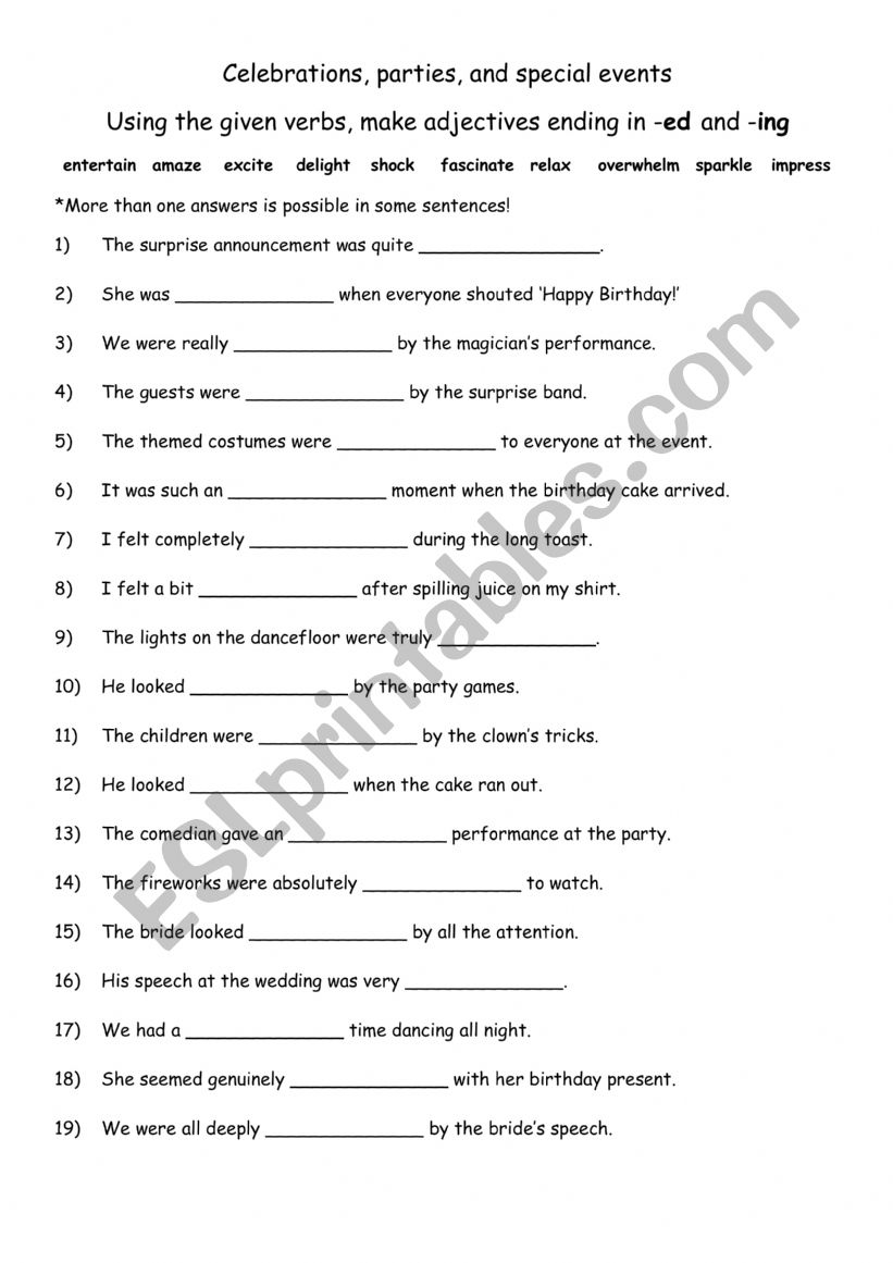 A2-B1 Celebrations, parties, and special events. Using the given verbs, make adjectives ending in -ed and -ing