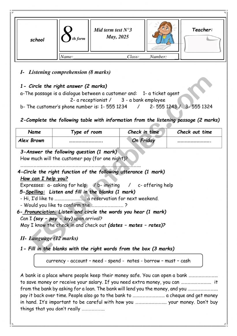 mid term test n3 8th form worksheet