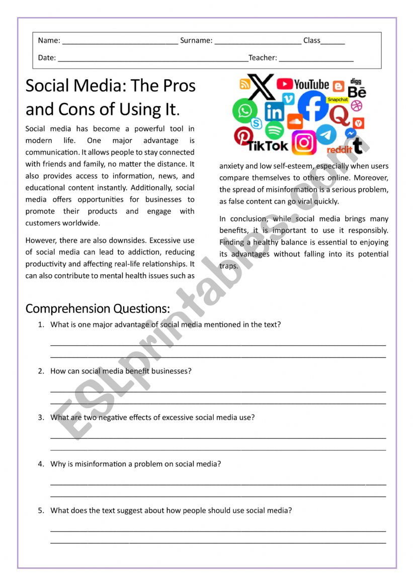 Social Media - Reading Comprehension