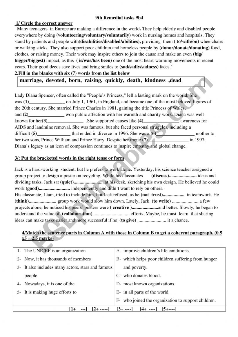 9th Mid test3 remedial tasks  worksheet