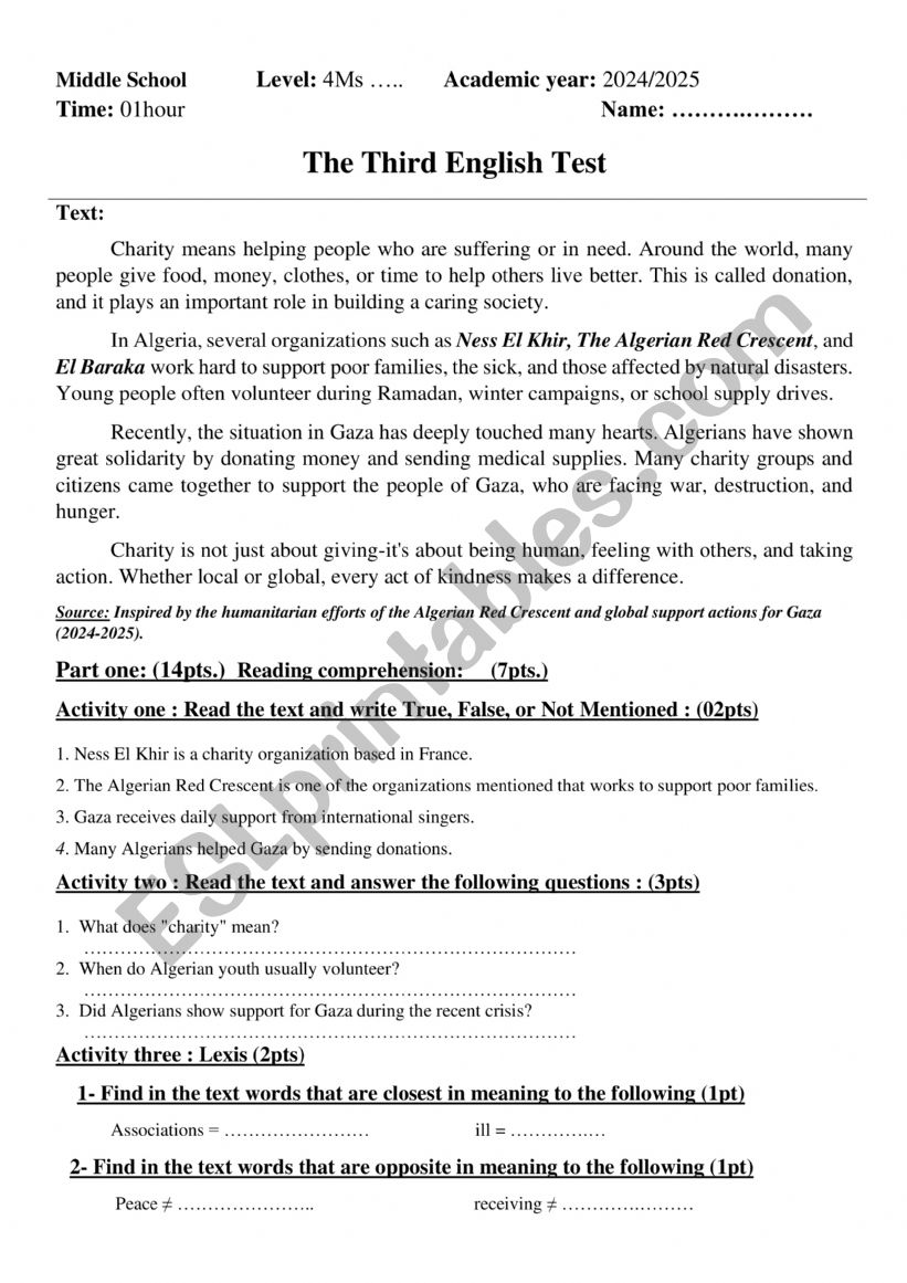 Test Charity worksheet