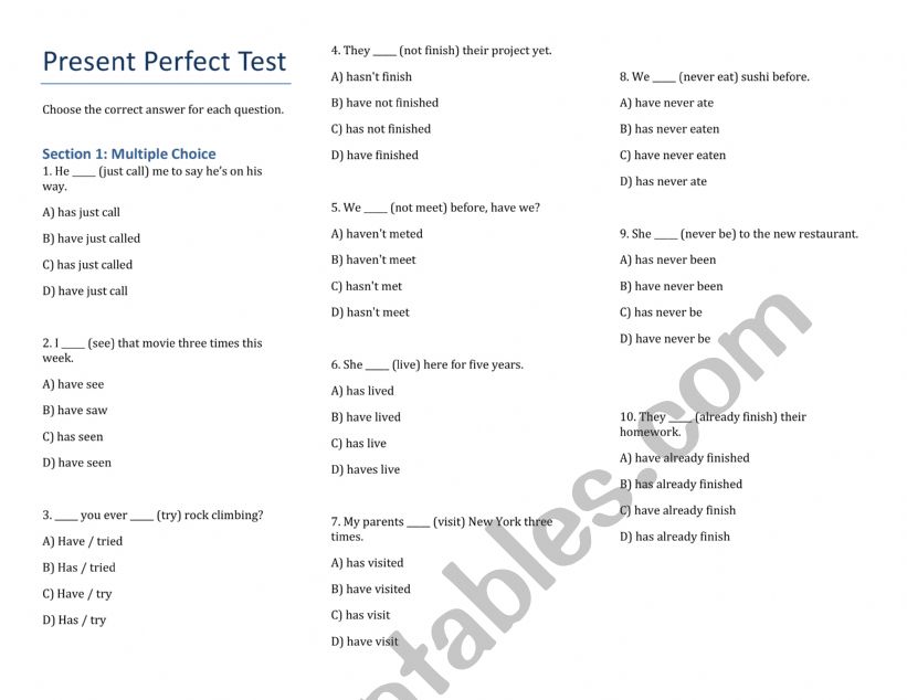 Present perfect test worksheet