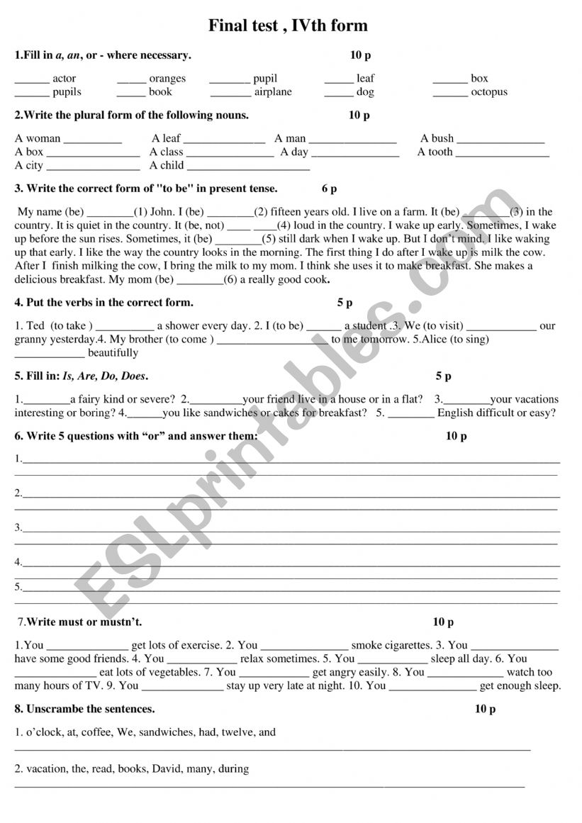 Final test worksheet