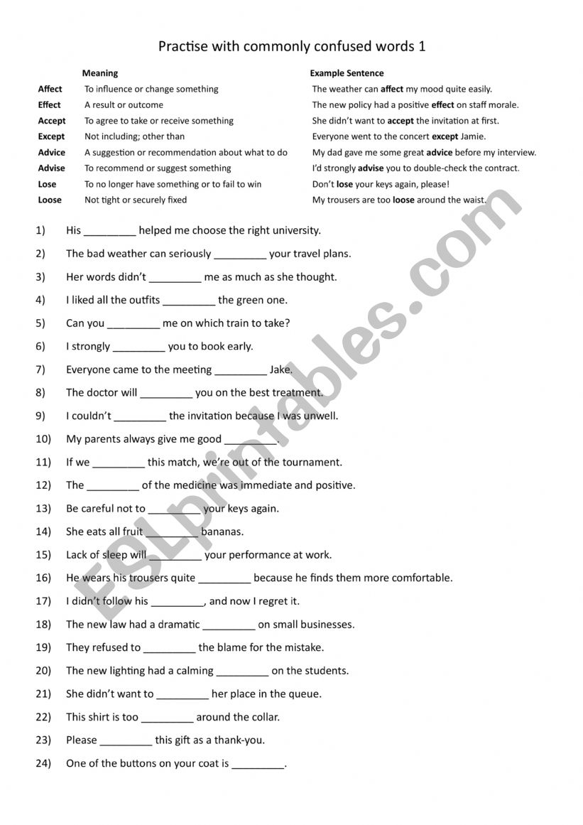 Commonly Confused Words affect  effect accept  except advice  advise lose  loose 1