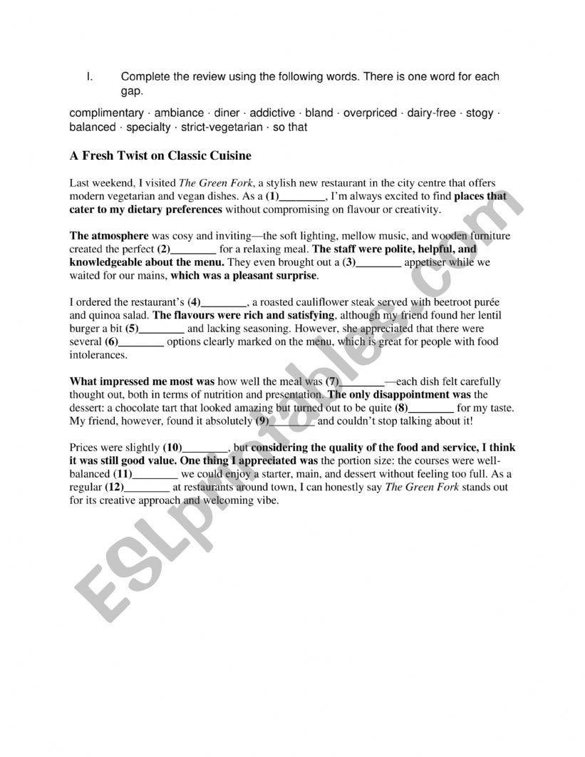 restaurant review  worksheet