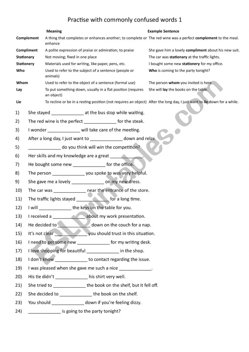 Commonly Confused Words: complement  compliment  stationary  stationery  who  whom  lay  lie 1