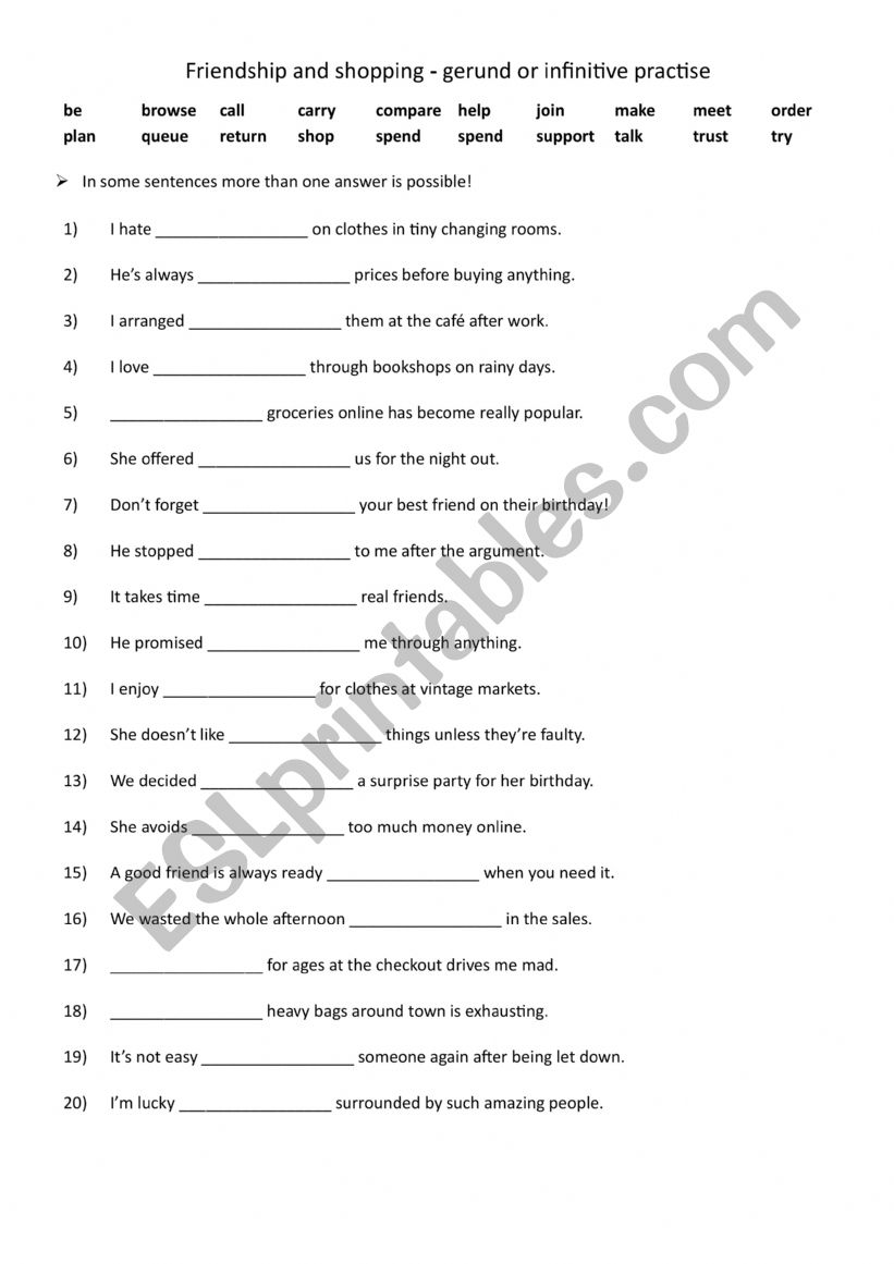 Friendship and shopping - gerund or infinitive practise