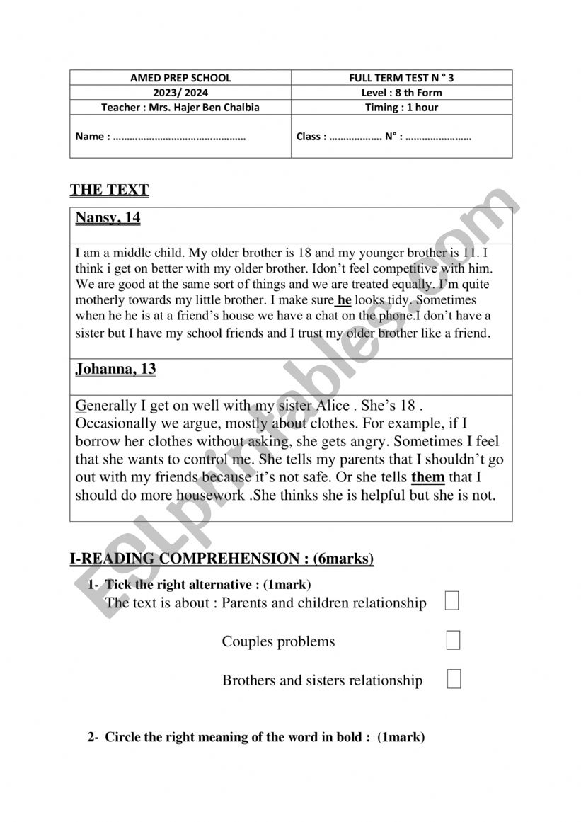 FULL TERM 3 EXAM 8th GRADE worksheet
