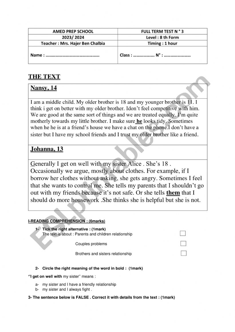 FULL TERM 3 EXAM DYSLEXIA worksheet