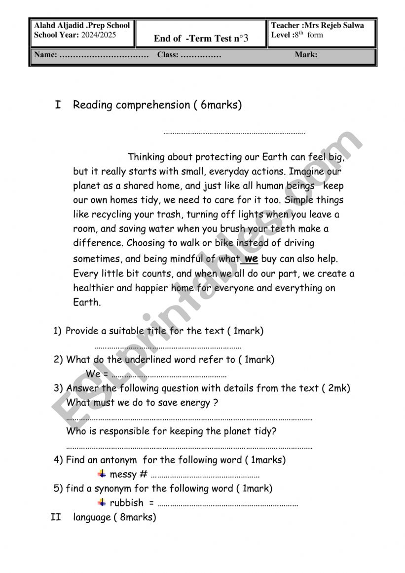 8th term test3  worksheet