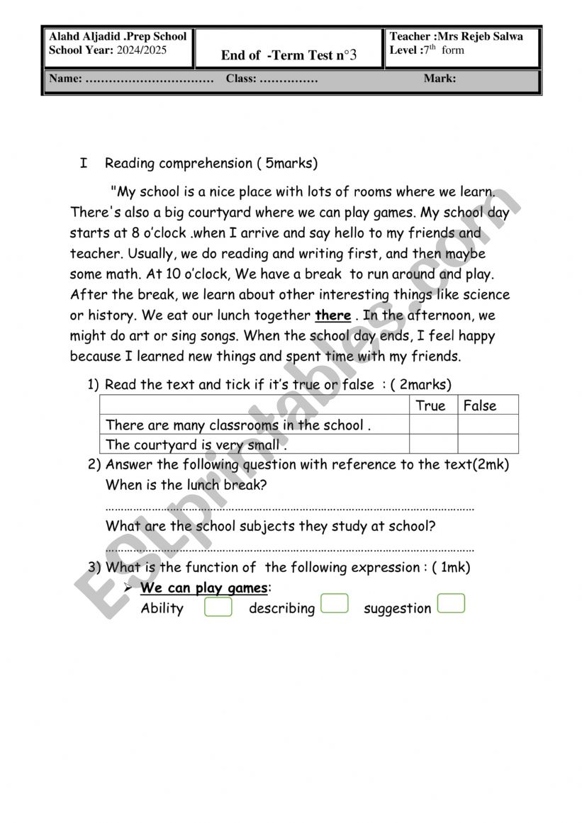 end of term test 3  worksheet