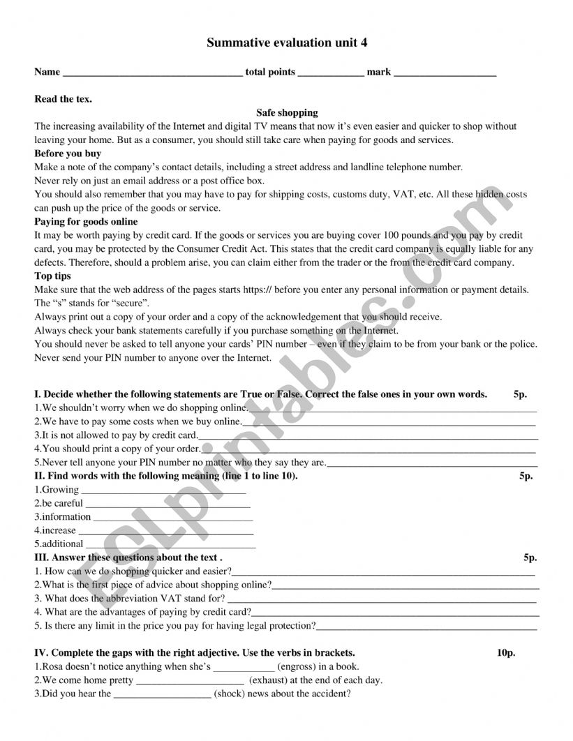 Shopping worksheet
