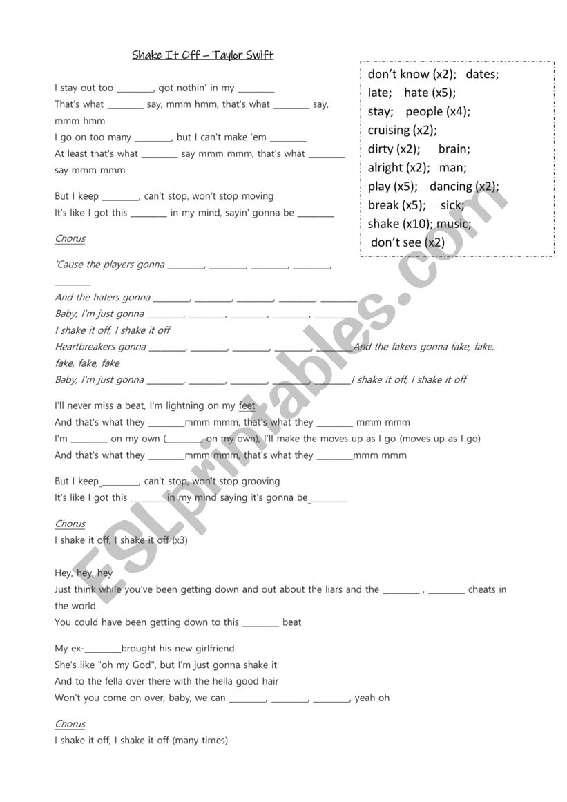 Shake it off worksheet