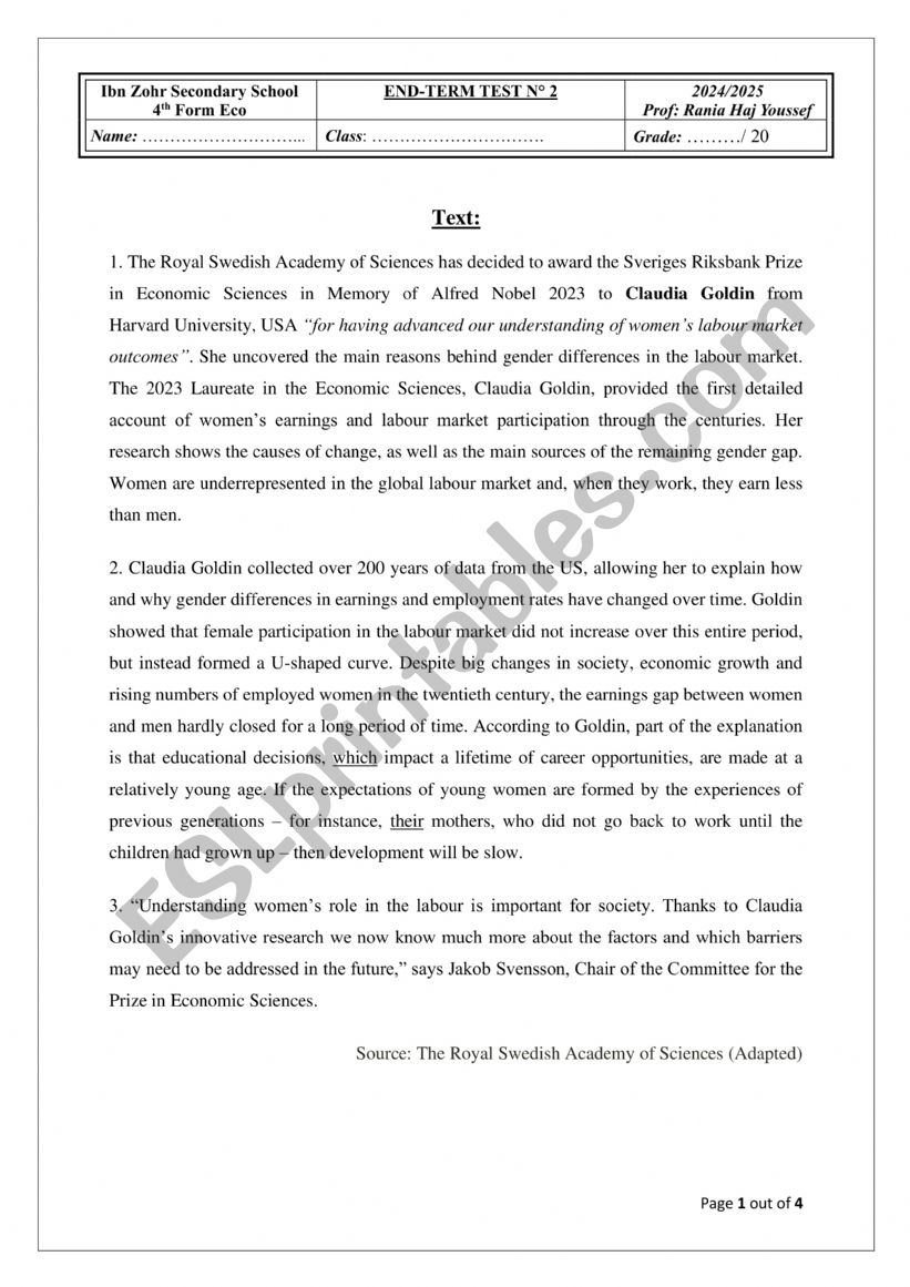 end term 2 4th form worksheet