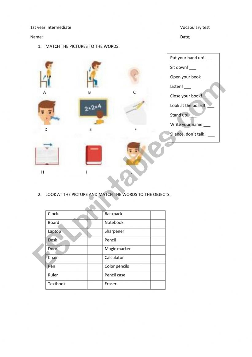 1st year Vocabulay test worksheet