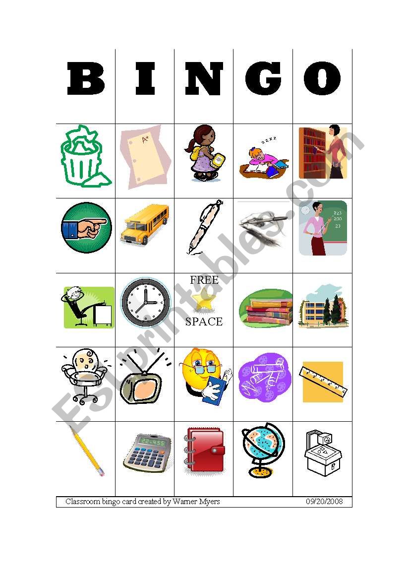 The Classroom Bingo card worksheet