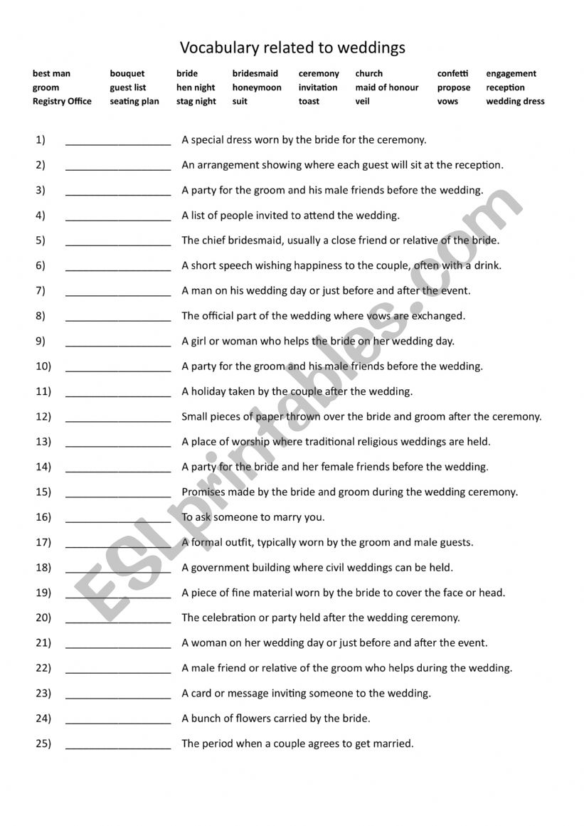 A2+ Vocabulary related to weddings