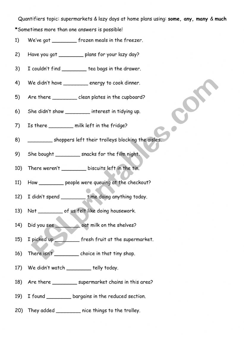 Quantifiers topic - supermarkets & lazy days at home plans using some, any, many & much Quantifiers topic - supermarkets & lazy days at home plans using some, any, many & much
