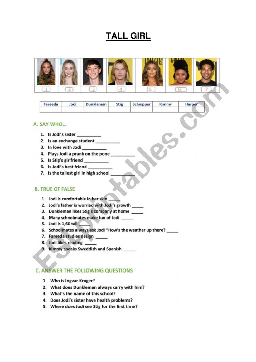 Movie Tall Girl worksheet