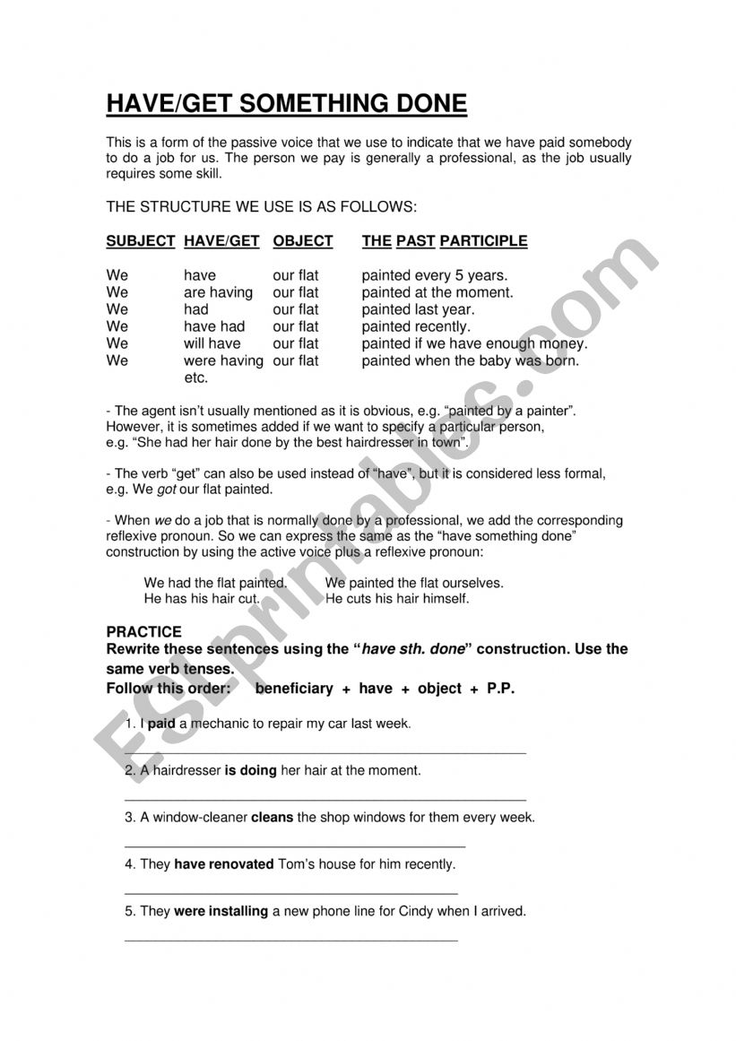 HAVE SOMETHING DONE worksheet