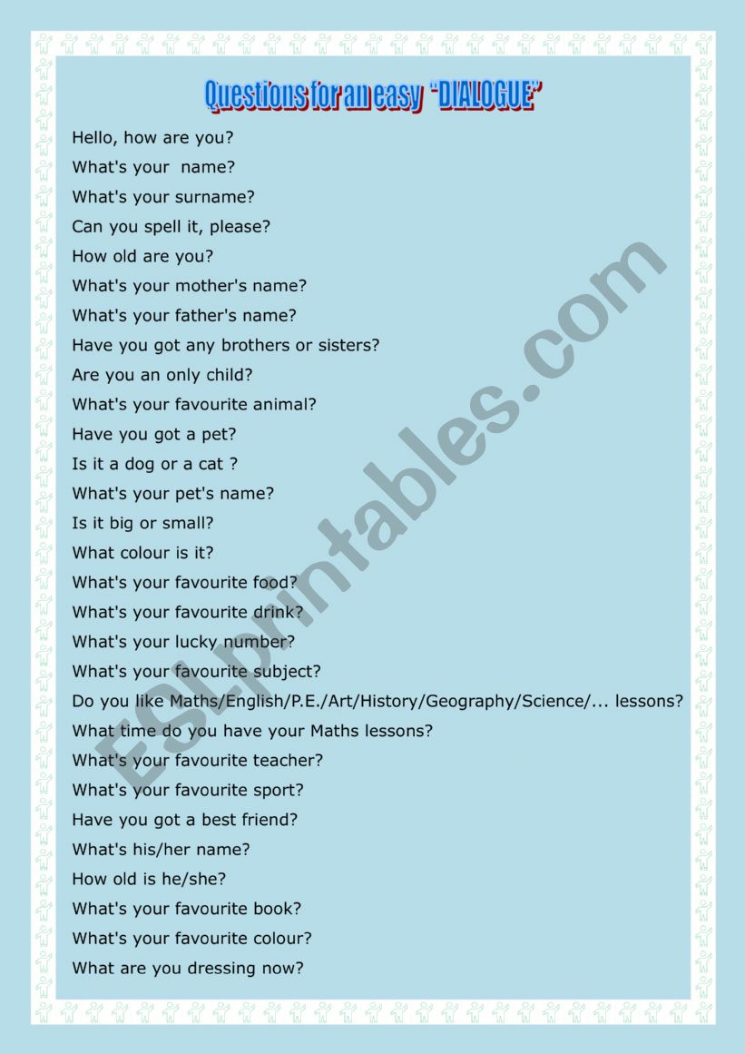 personal dialogue worksheet