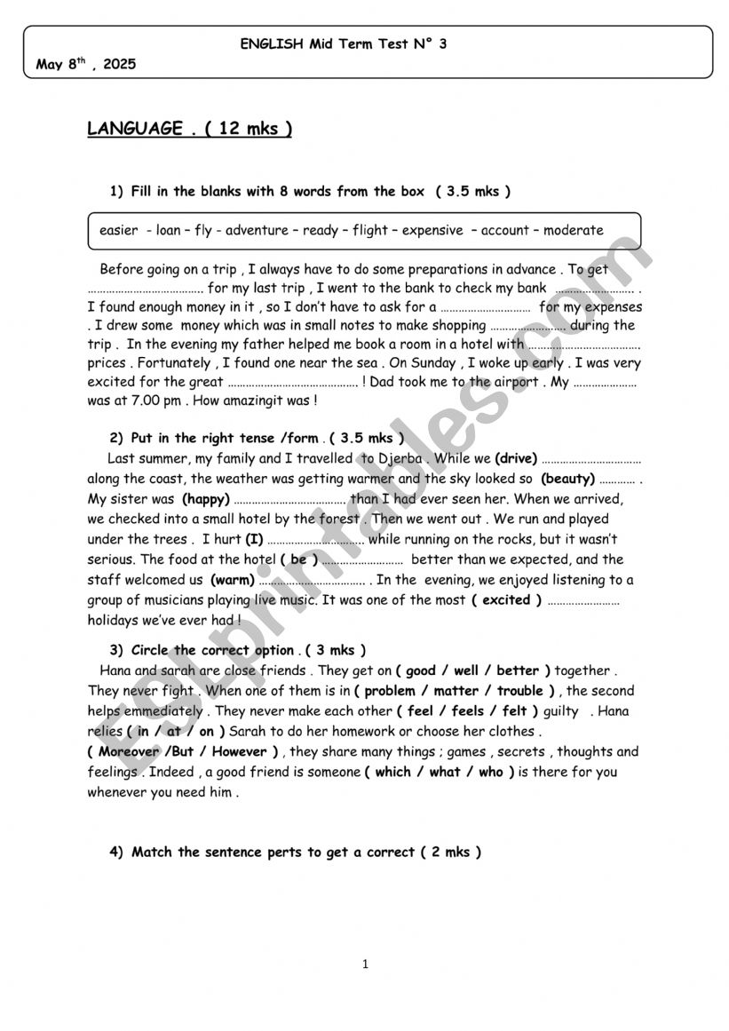 mid term test 3 , 8th form  worksheet