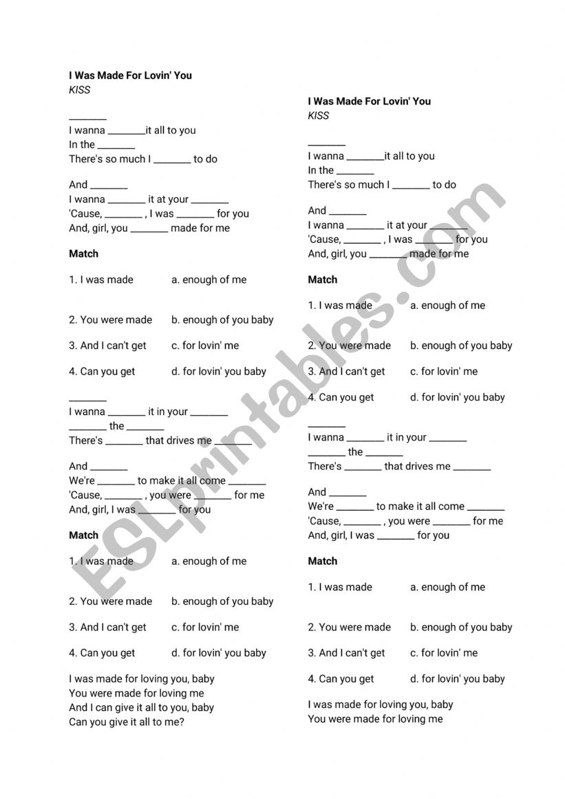 I Was Made For Lovin� You worksheet