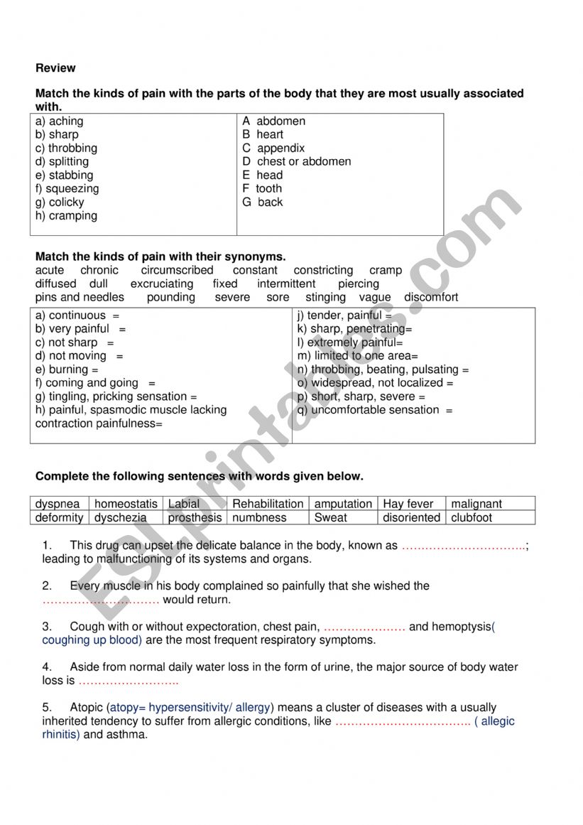 revision for health providers worksheet