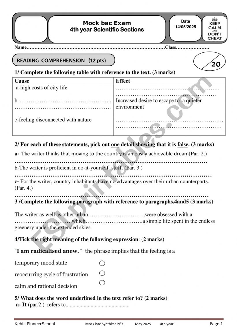 mock bac exam worksheet